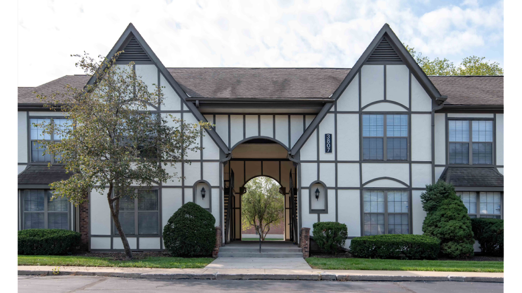 Tudor style home in Corinth Place exterior in Corinth Communities, Prairie Village, Kansas.